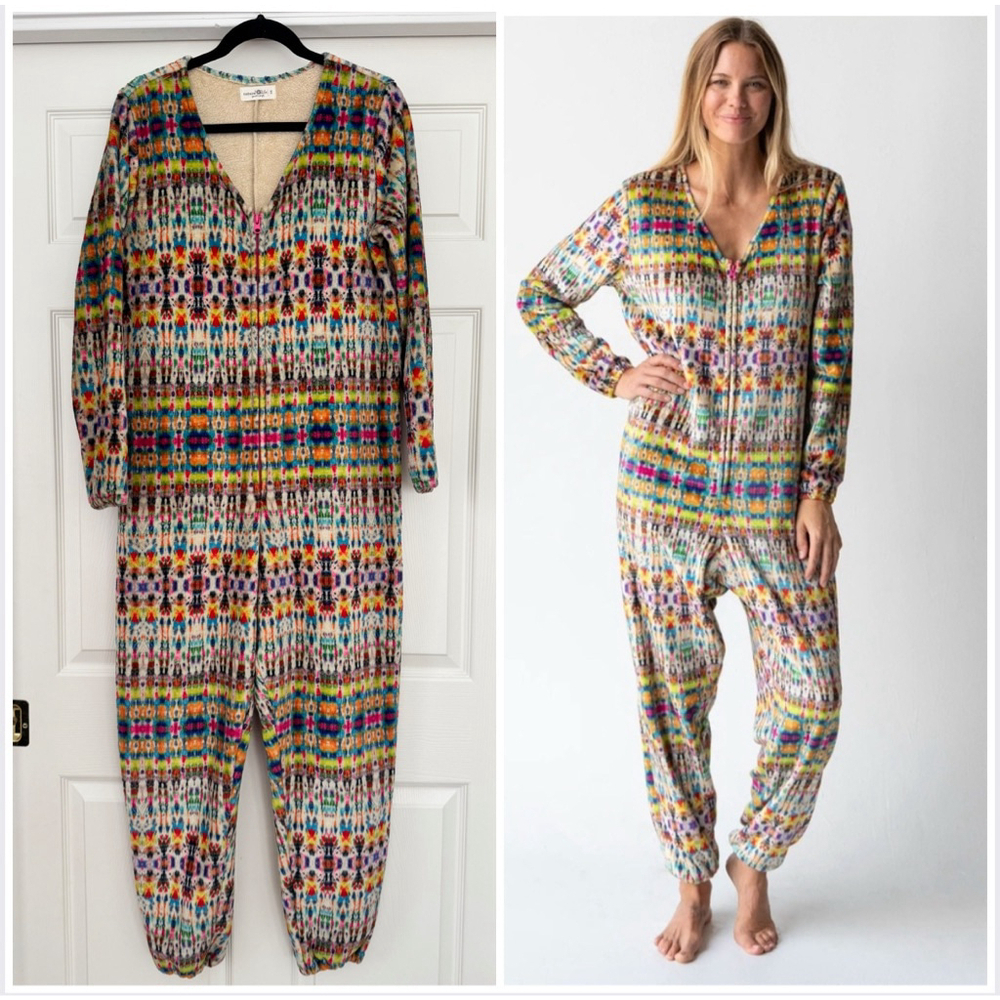 Natural Life Velour Multi-color Ikat Tie-Dye Size S Pajama Jumpsuit One Piece